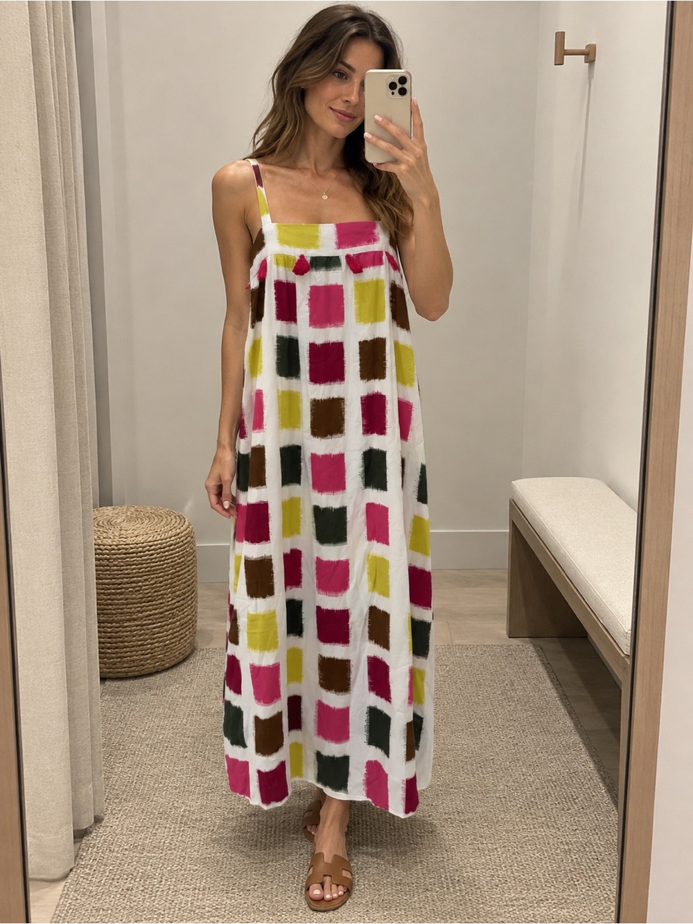 THML Square-Print pink and green multi Maxi with pink tassels XS